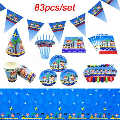 Little Pirate Party Theme Kids Birthday Decorations Banner/Flag Baby Shower Pirate Party Supplies Disposable Tableware set 83pcs