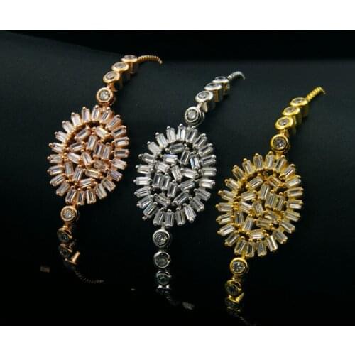 Fashion jewelry copper plant mosaic full stone oval hollow long stone adjust size box chain bracelet