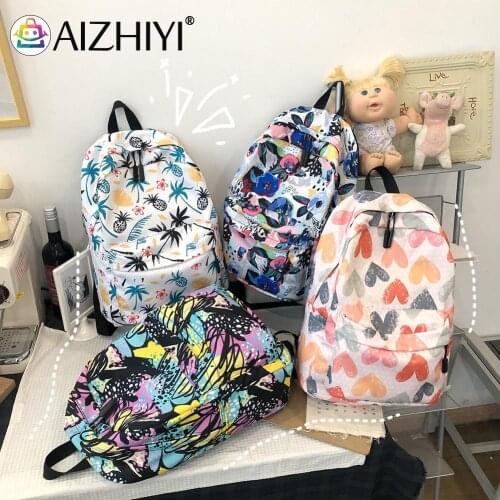 Fashion Women Nylon Oxford Cloth Cartoon Graffiti Printing Large Capacity Backpack Casual Preppy Style Girls Handbags Rucksack