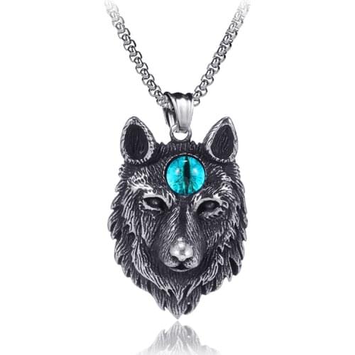 Titanium Steel Wolf Head Mens Pendant Necklace Fashion Norse Vikings Charm Blue Stone Wolf Head Amulet Animal Jewelry LN3008