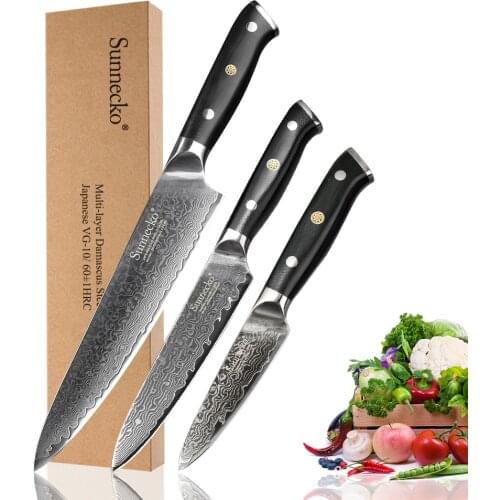 SUNNECKO 3PCS Kitchen Knives Set Chef Utility Paring Knife Damascus Japanese VG10 Steel G10 Handle High Quality Cutter Tools