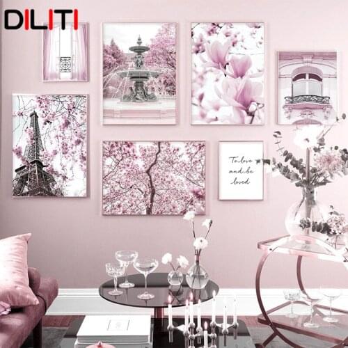 Pink Cherry Flower Wall Art Love Quote Canvas Painting Nordic Paris Tower Posters and Prints Pictures for Living Room Home Decor