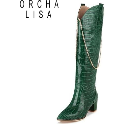 ORCHALISA Winter Cowboy Knee-high boots Pointed toe 6cm Chunky heel PU Slip-on Solid Chains Big size 35-48 Green Work C2048