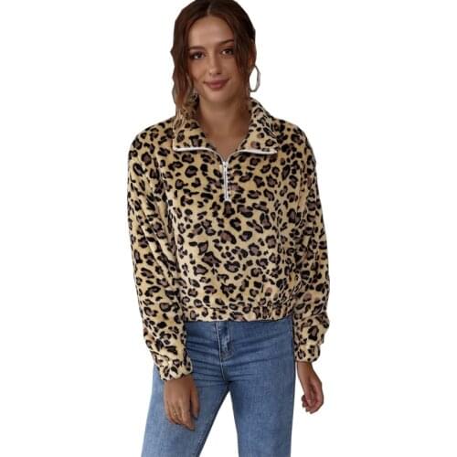 Fall/winter New Leopard Print Blouse Solid Zipper Long Sleeve Lapel Hoodie Jacket