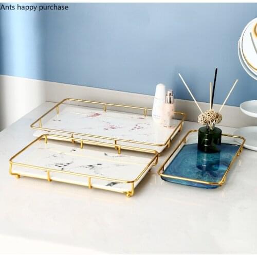 European Bathroom Desktop Hand Washing Toiletries Storage Tray Cosmetic Organizer Home Use Metal Marble Ceramic Rack Square Tray