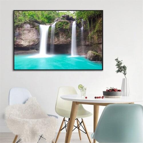 New Waterfall Poster Forest Plant Tree Wall Picture Coloring Lake Landscape Mountain Painting For Living Room Decoration