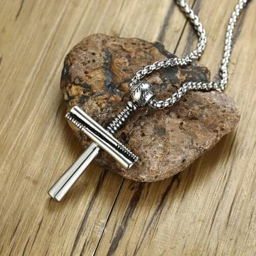 Awesome Baseball Player and Stacked Baseballs Bat Cross Pendant Necklace Stainless Steel Faith Male Jewelry 24in