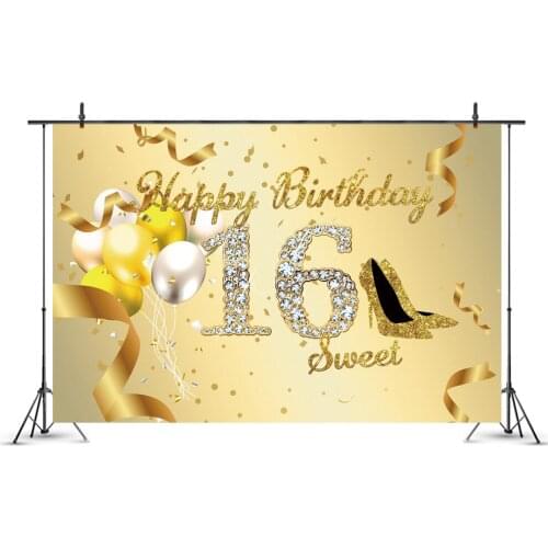 Happy 16 Birthday Golden Balloon Backdrop Photography Background Photo Booth Studio Decor