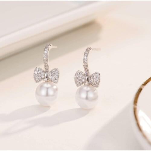 REETI 925 sterling silver Bowknot zircon Stud Earrings for Women Wedding Fashion Jewelry Pearl Earrings Valentines Day Gift