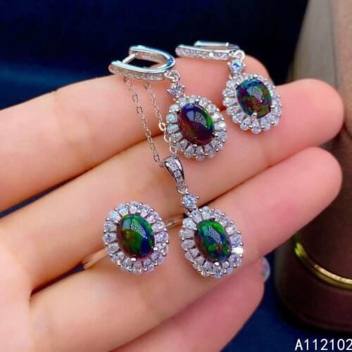 KJJEAXCMY fine jewelry 925 sterling silver inlaid natural black opal earrings ring pendant exquisite girl suit support test