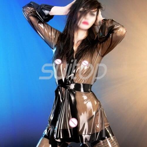 Top seller latex long coats for women 's rubber trasparent black