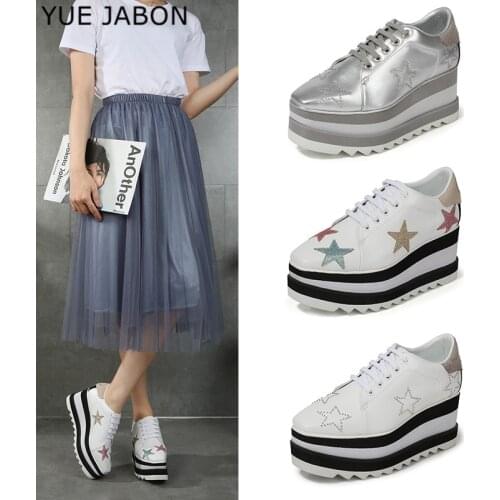 YUE JABON Height Increasing Star Rivet Shoes Classic Platform Rose Gold Shoes Mix Color Square Toe Wedge Shoes Lace Up Lady Shoe