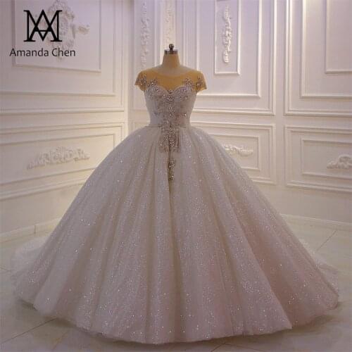 Vestido de novia manga larga Cap Sleeve Beading Pattern Shiny Wedding Dress
