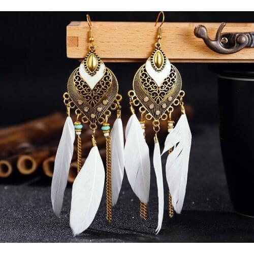 Vintage Long Dangle Feather Earrings For Women Jewelry Exaggerated Bohemian Tassel Earrings Oorbellen