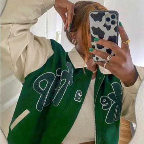 Women coat‘TAKE A TRIP’ Bomber Jacket Women Grass Green Contrast Sleeve Bomber Jacket with Letter Applique Baseball Jacket Coats
