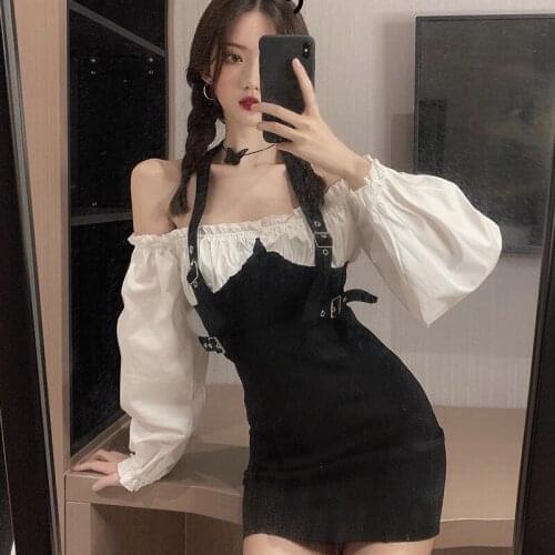 Women Retro Off Shoulder Long Sleeve Dresses Female Fashion Fake Two-piece Dress Vestidos