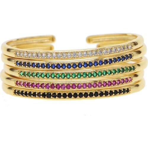 1 pcs new fashion delicate Gold filled rainbow color stone open Cuff CZ bangle Bracelets for women girl classics wedding Jewelry