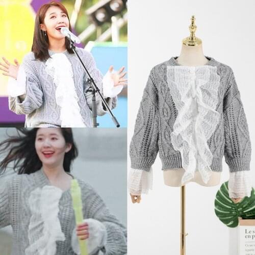 Kpop Korean Celebrity New Fashion Lace Splice Sexy Sweater Women Streetwear Temperament Elegant Long Sleeved Loose Warm Sweaters