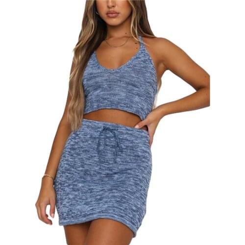 Xingqing Women’s Knitting Set Vest And Skirt Suit Ladies Clothing Set Solid Color Halter Bandage Tops And Tight Short Skirt