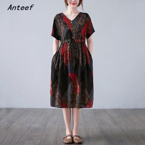 Anteef short sleeve cotton vintage floral dresses for women casual loose long woman summer dress elegant clothes 2021