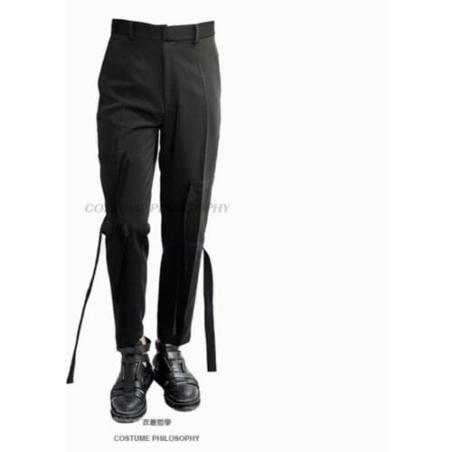 27-44 2020 New Plus Size Mens Casual Ribbon Trousers Splicing Strips Hairstylist Tide Pants Nightclub Singer Stage Costumes