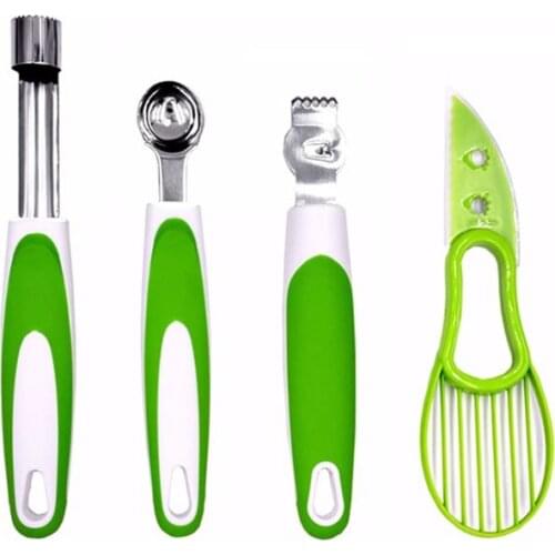 QueenTime 4Pcs Fruit Vegetable Tools Set Avocado Mango Slicer Cutter Corer Core Remover Baller Scoop Lemon Orange Zester Grater
