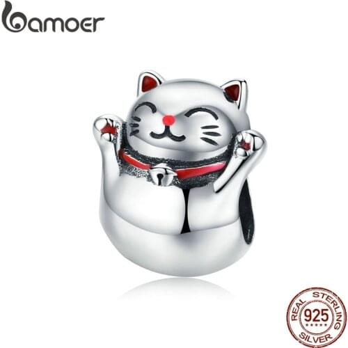 BAMOER 925 Silver Cat Metal Charm Lucky Guardian Maneki Neko Metal Beads for Women Charm Bracelets Bangles DIY Jewelry SCC1178
