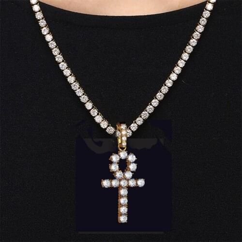 Iced Out Gold Rhinestone Key of Life Egypt Ankh Cross Pendant Mens Women Hip Hop 4mm Tennis Chain Crystal Necklace Jewelry