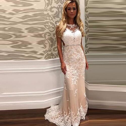 Elegant O-neck Backless Lace Beaded Tulle Sheath Prom Dresses 2020 Evening Party Dress Long Prom Kleider vestido formatura