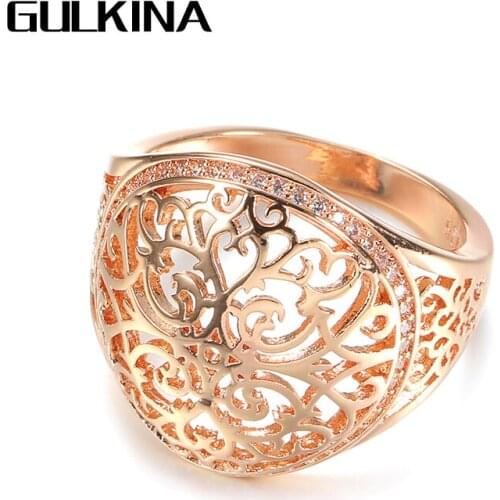 Gulkina 2021 New Hollow Flower 585 Rose Gold Ring Women Round Micro-wax Inlay Natural Zircon Rings Wedding Party Fine Jewelry