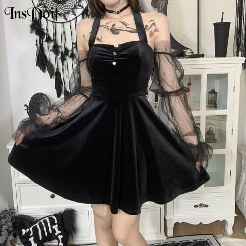 InsDoit Gothic Black Sexy Halter Mini Dress Through Long Sleeve Backless A LINE Dress Female Lantern Sleeve Elegant Party Dress