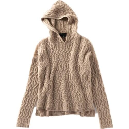 Cashmere Wool Hooded Pullover Womens Loose Hoodie Sweater Womens Autumn/Winter 2020 100% Pure Wool Sweater Knitted Warm Jacket