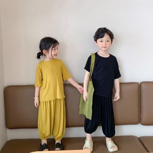 Summer Kids Pajamas 2021 New Arrival Baby Girls Boys Cotton Soft Home Wear Suits Childrens Solid Modal Fabric Sleepwear Set