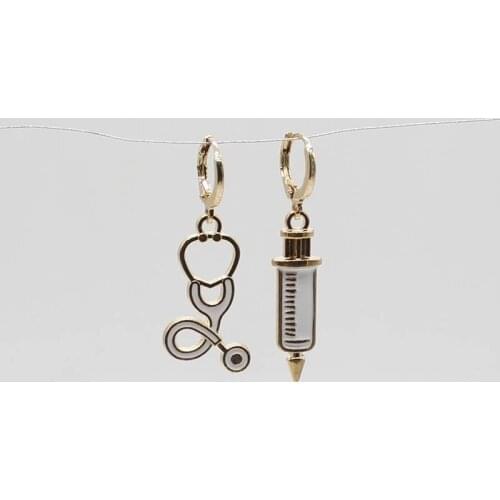 Fashion golden nurse doctor earrings, medical symbol earrings, stethoscope earrings, syringe earrings, asymmetric earrings ladie