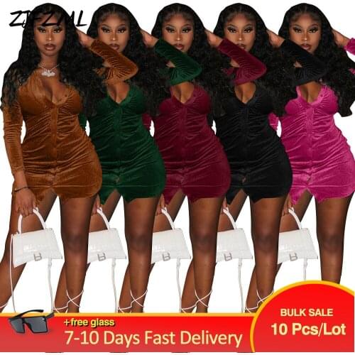 Bulk Items Wholesale Lots Womens Velvet Short Dresses Sexy Full Sleeve Party Clubwear Dress Early Autumn Warm Bodycon Vestido