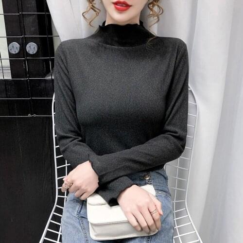 2020 Autumn Ladies Thick Cashmere High Collared Black Long-Sleeved Top Solid Shirts for Women Clothes Vintage Blusas Female 0890