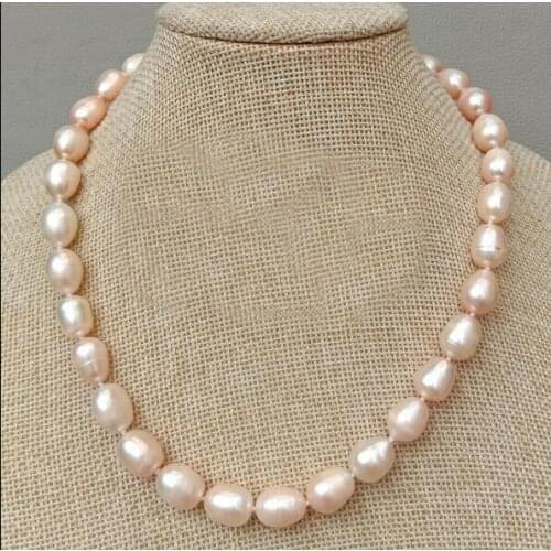 10mm pink baroque oval rice pearl necklace natural Freshwater PEARL Women Jewelry 35cm 43cm 15'' 17