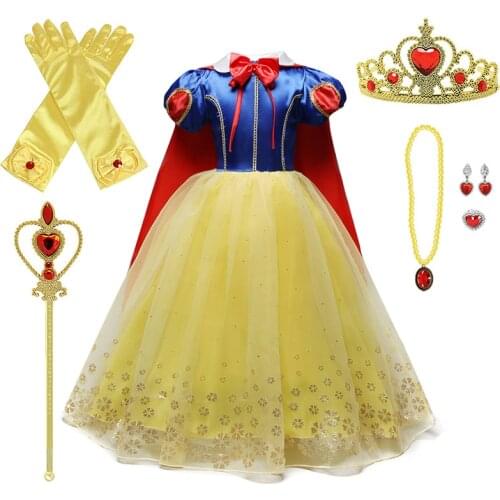 Girls Princess Snow White Dress Up For Kids Puff Sleeve Costumes with Long Cloak Child Party Birthday Fancy Gown 3-10 Years