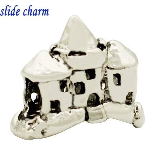 Slide charm Free shipping antique black and white arch bridge castle building Kay charm beads fit Pandora bracelet