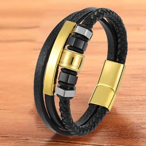 Luxury Fashion Men Bracelet Leather Gold Stainless Steel Magnet Clasp Black Rope Braided Accessories Jewelry Bangles Gift Friend