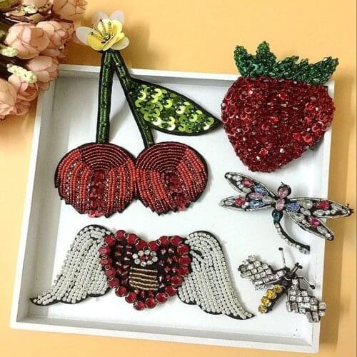 Handmade Rhinestone Beaded Patches Cherry Fruit Badges Sew on Dragonfly Crystal Patch for Clothing Applique Cute Patch