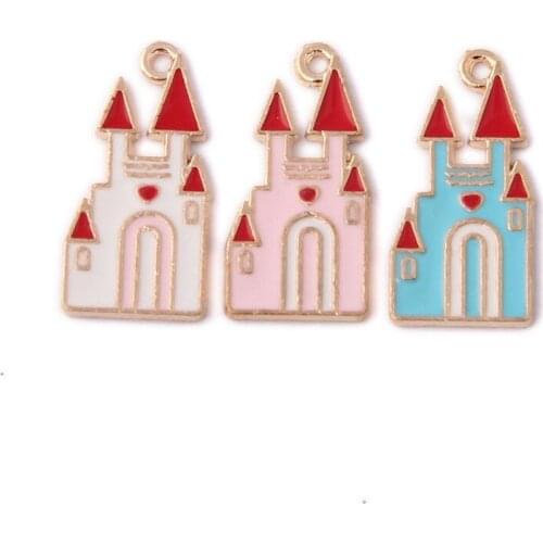 Kawaii Princess castle House Enamel Alloy Charms 10pcs/Lot 25*12mm Gold Tone Plated Oil Drop DIY Jewelry Findings Earring Charm