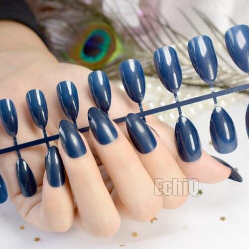 Dark Blue Oval Sharp end Stiletto Nails Tips Full Cover Fake Artificial Nails 24pcs Office Solid Pure Colour False nails