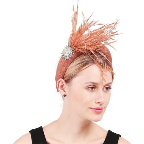 Dark Peach Thick Headband Wedding Headwear For Women Princess Fascinators Banquet Band Fancy Feather Headwear Elegant Ladies
