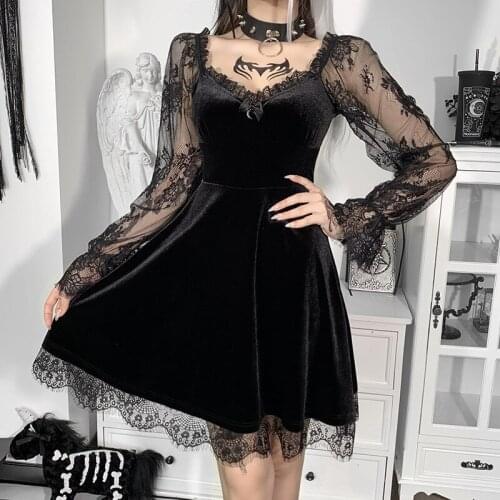 Gothic Black Women V-Neck Lace Splice Long Sleeve Mini Dress Female High Waist Ruffles Dress Streetwear Party Dresses