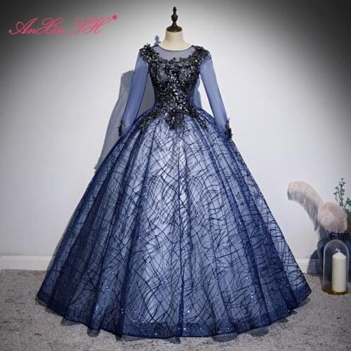 AnXin SH vintage princess navy blue lace sparkly illusion o neck long sleeve beading crystal rose flower bride evening dress