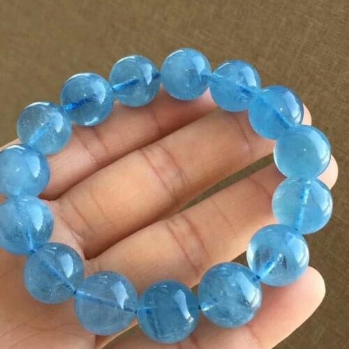 100% Natural Blue Aquamarine Round Clear Beads Bracelet AAAA 14mm