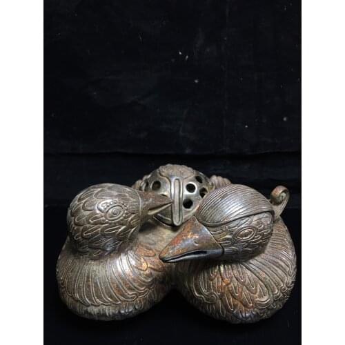 7" Tibet Buddhism Old Bronze Cinnabars Mandarin duck statue Incense burner Male and female pair of birds match made in heaven