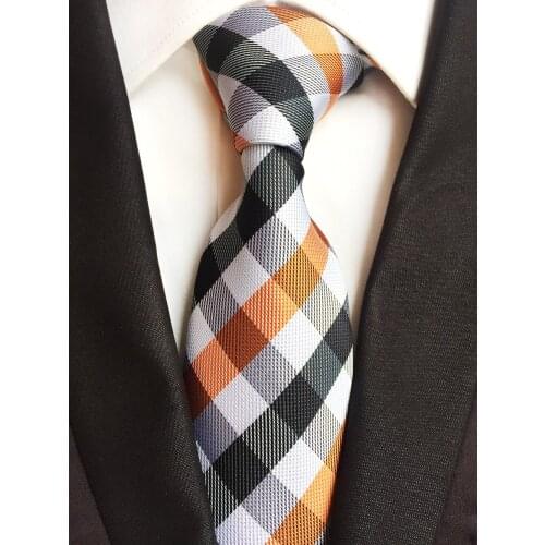 8 cm Luxury Mens Woven Tie Fashion Shirt Suits Necktie White Black with Orange Plaids