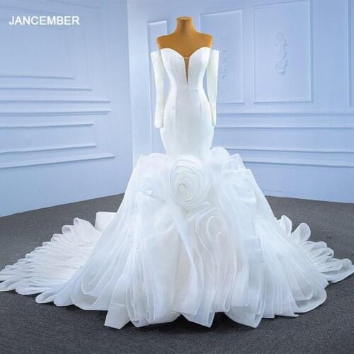 RSM67275 White Simple Bridal Wedding Dress Transparent Lace V-neck Long Sleeve Backless Frill Fishtail Dress платье на свадьбу